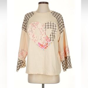 POL Mixed Media Boho Patchwork Heart 3/4 Flared Sleeve Blouse• Small